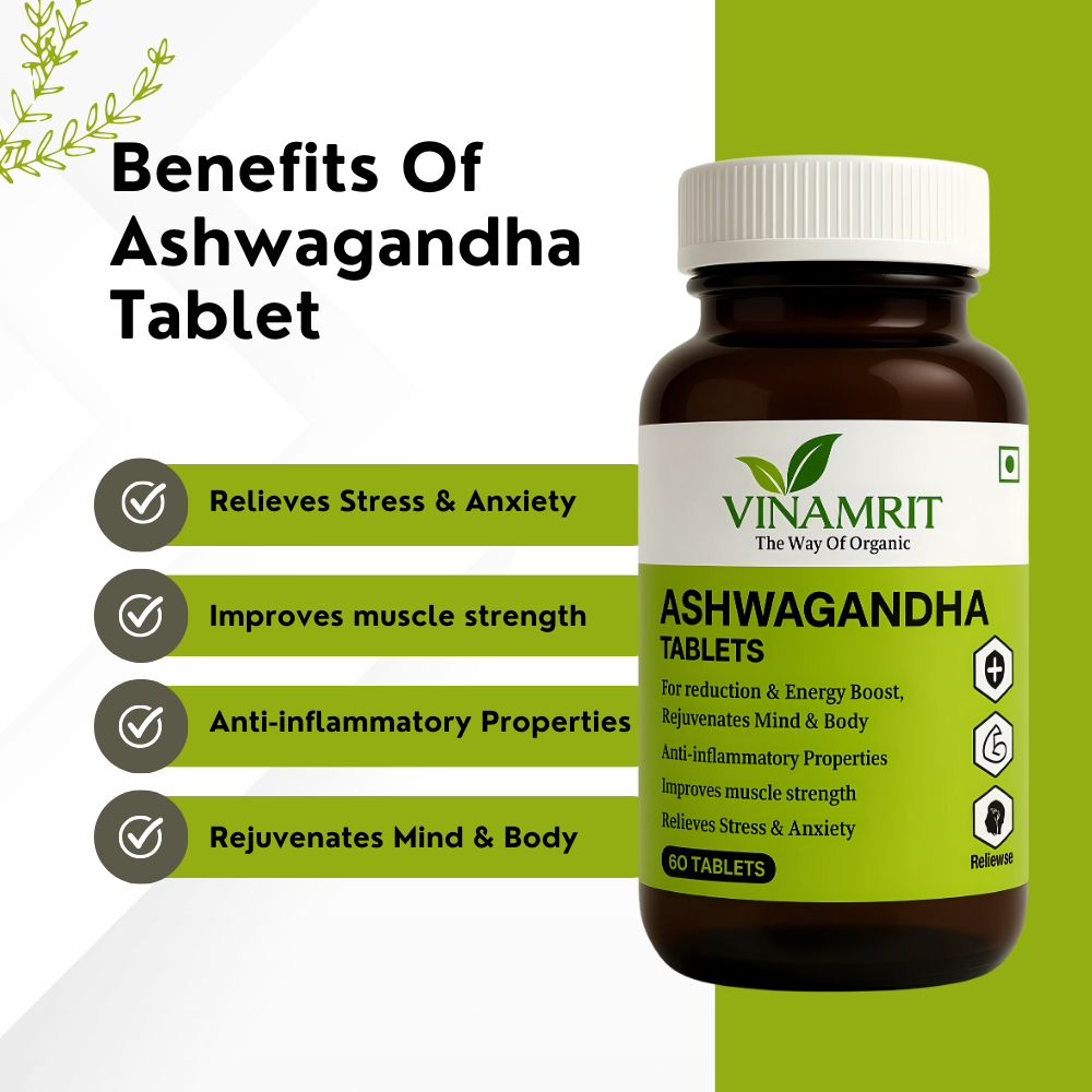Vinamrit Ashwagandha Tablet 1000 mg | Pure Withania Somnifera Extract – 60 Tablets