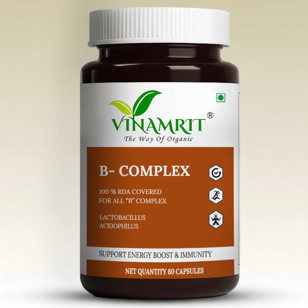 Vinamrit Vitamin B-Complex Tablets | 100% RDA of B1, B2, B3, B5, B6, B7, B9 & B12 | With Probiotic Lactobacillus Acidophilus | 60 Vegetarian Capsules