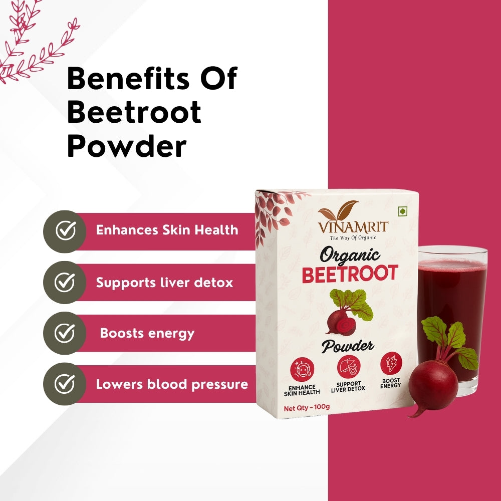 Vinamrit Beetroot Powder | Natural & Pure | Rich in Iron & Nitrates | Boosts Energy, Stamina & Blood Circulation | 100g Pack | Plant-Based Superfood for Juicing, Smoothies & Skincare