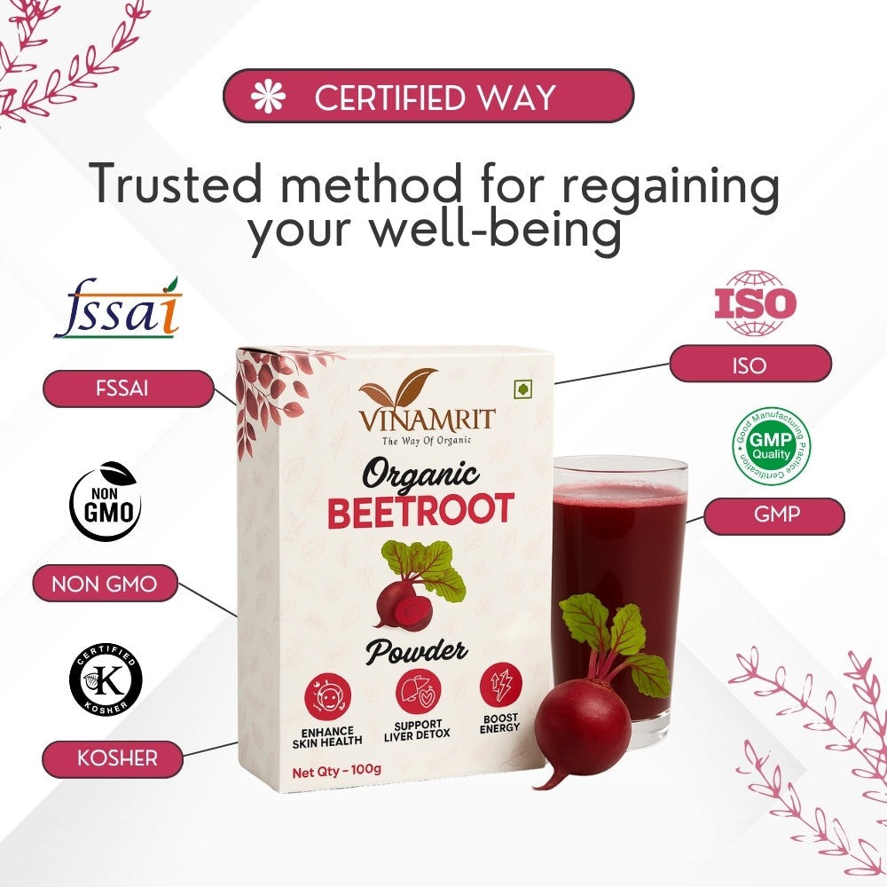 Vinamrit Beetroot Powder | Natural & Pure | Rich in Iron & Nitrates | Boosts Energy, Stamina & Blood Circulation | 100g Pack | Plant-Based Superfood for Juicing, Smoothies & Skincare