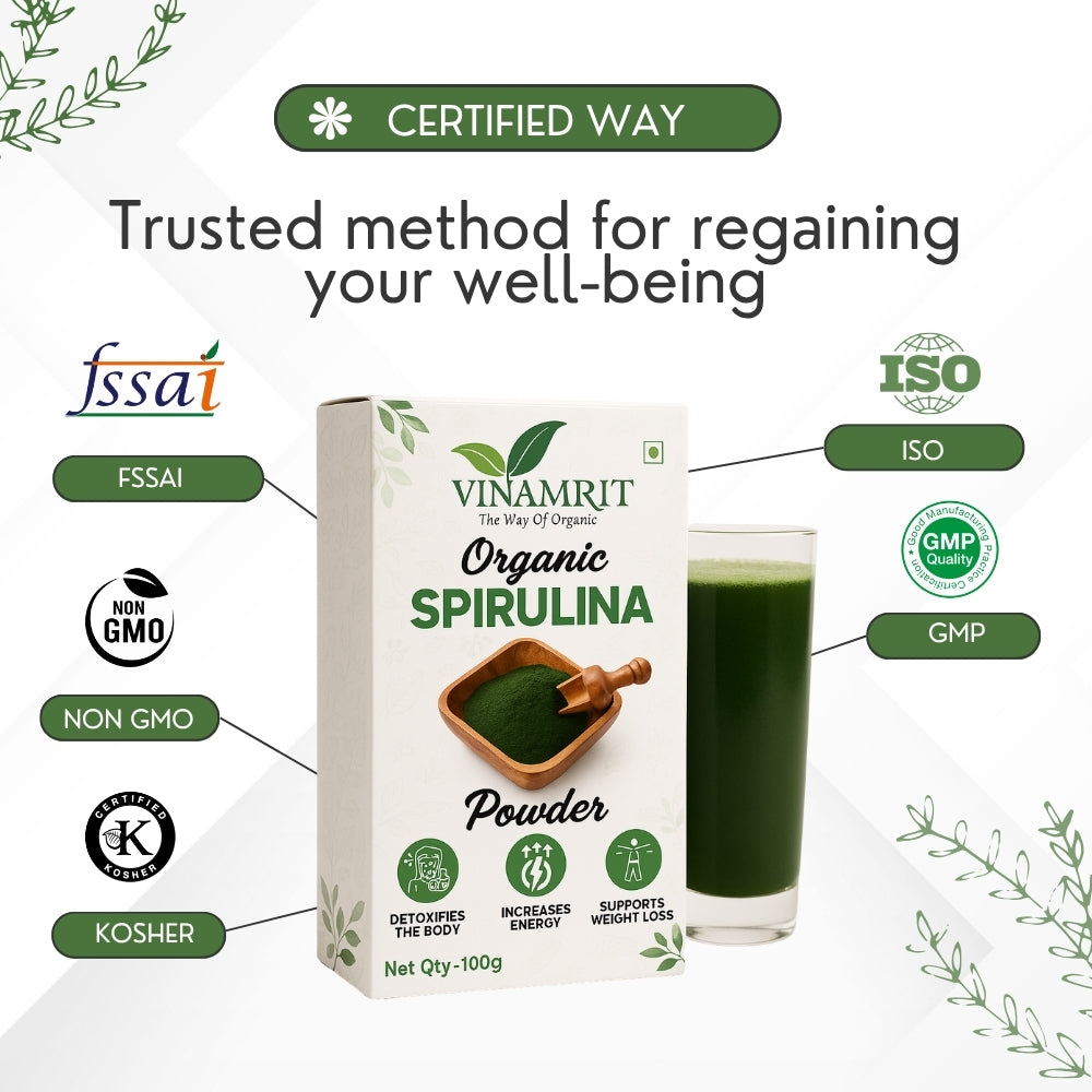 Vinamrit Spirulina Powder | 100% Pure & Natural | Plant-Based Protein & Iron | Supports Immunity, Energy & Detox | 100g Pack | Superfood for Smoothies, Juices & Fitness