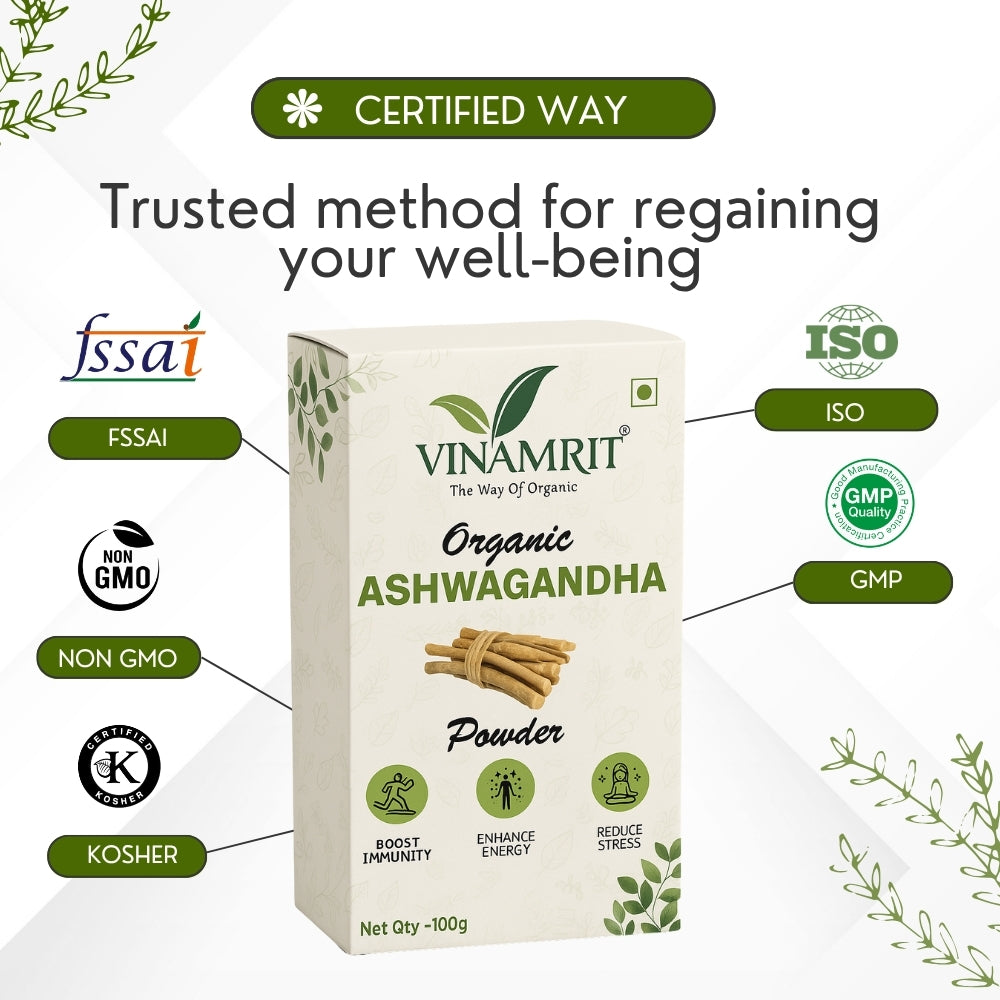 Vinamrit Ashwagandha Powder | 100% Pure & Natural | Supports Stress Relief, Stamina & Immunity | 100g Pack | Ayurvedic Adaptogen for Energy, Sleep & Hormonal Balance
