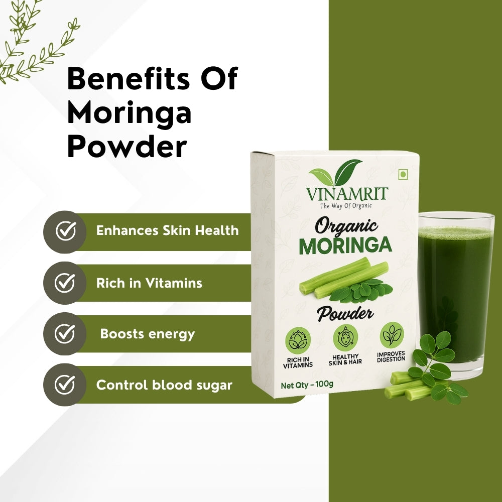 Vinamrit Moringa Powder | 100% Pure & Natural | Rich in Vitamins, Calcium & Antioxidants | Supports Immunity & Energy | 100g Pack | Superfood for Juices, Smoothies & Detox