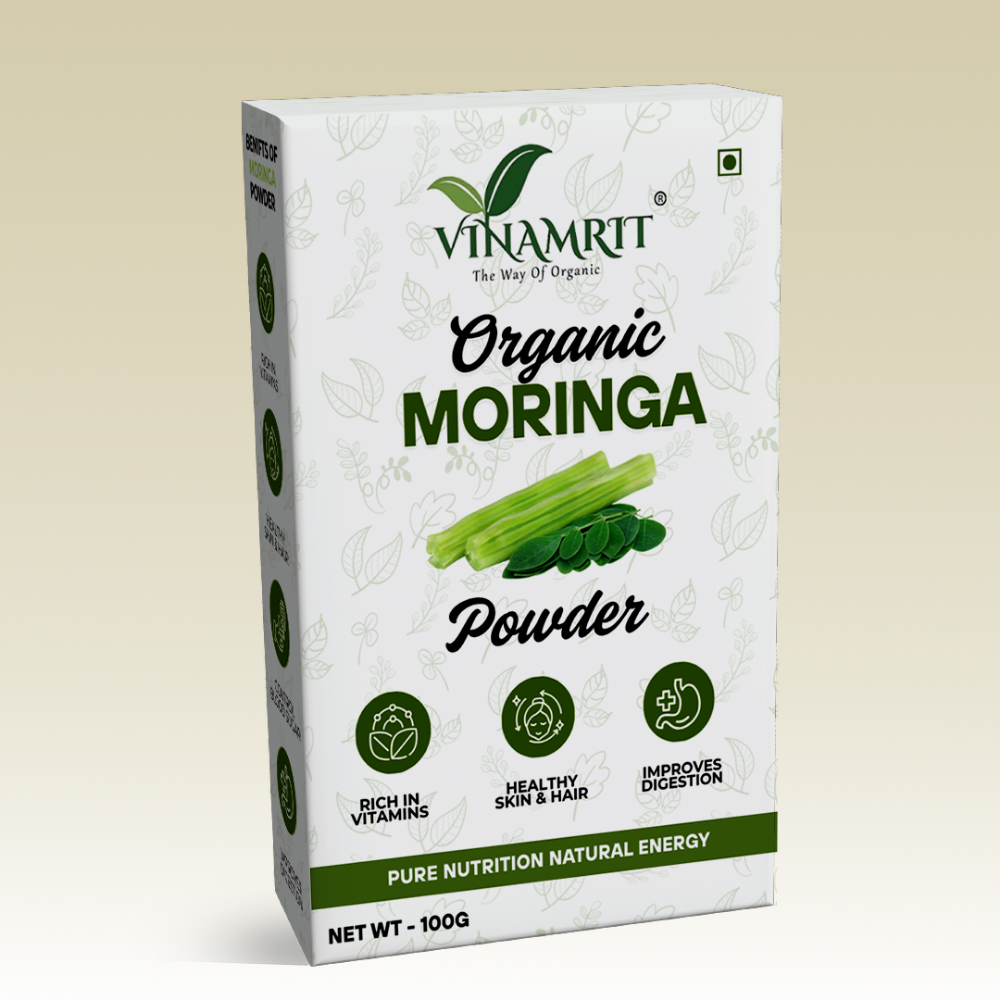 Vinamrit Moringa Powder | 100% Pure & Organic| Rich in Vitamins, Calcium & Antioxidants | Supports Immunity, Energy & Detox | 100g Pack | Ayurvedic Superfood for Juices, Smoothies & Wellness