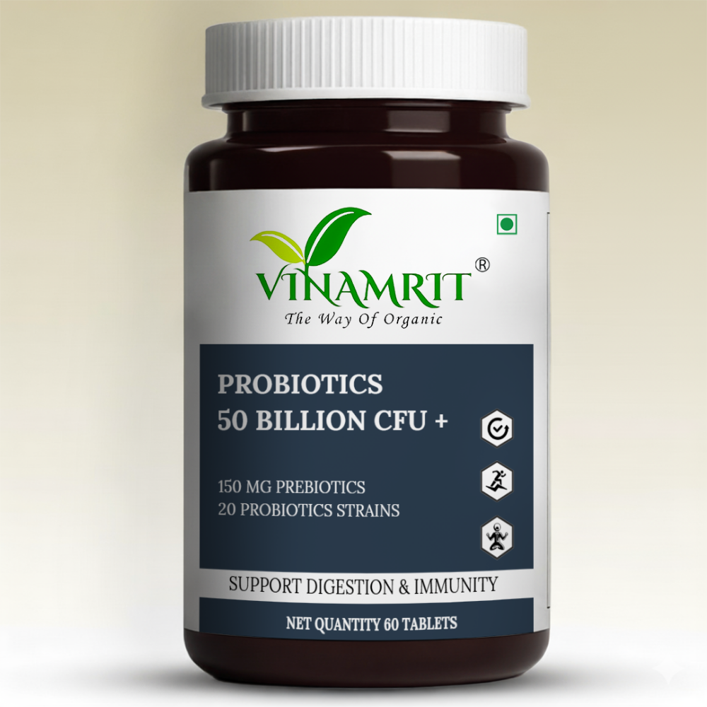 Vinamrit Probiotics Supplement 50 Billion CFU | With Prebiotics & 20 Powerful Strains | Supports Digestion, Gut Health & Immunity | 60 Vegetarian Capsules