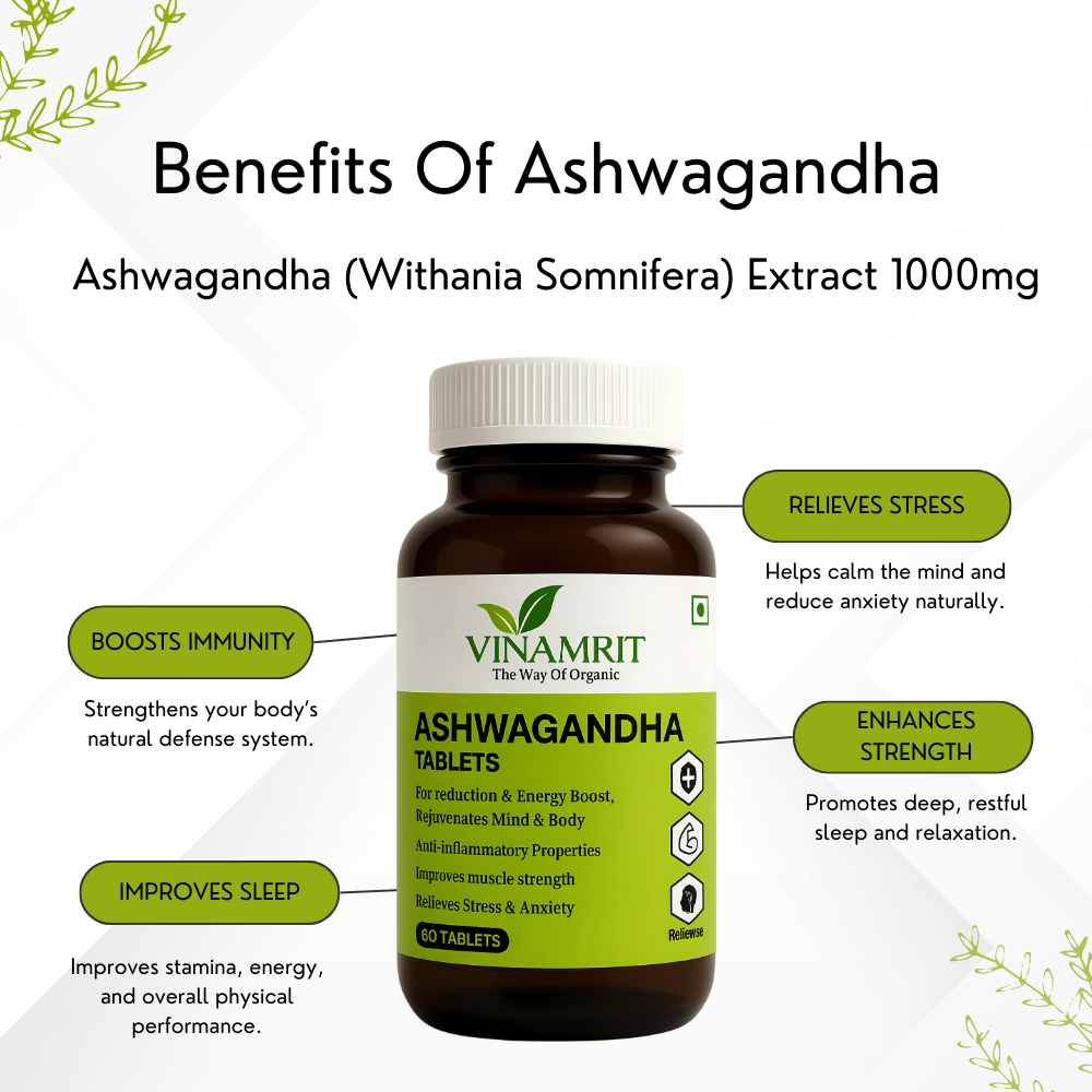 Vinamrit Ashwagandha Tablet 1000 mg | Pure Withania Somnifera Extract – 60 Tablets