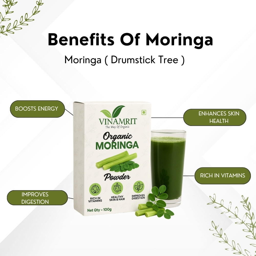 Vinamrit Moringa Powder | 100% Pure & Natural | Rich in Vitamins, Calcium & Antioxidants | Supports Immunity & Energy | 100g Pack | Superfood for Juices, Smoothies & Detox