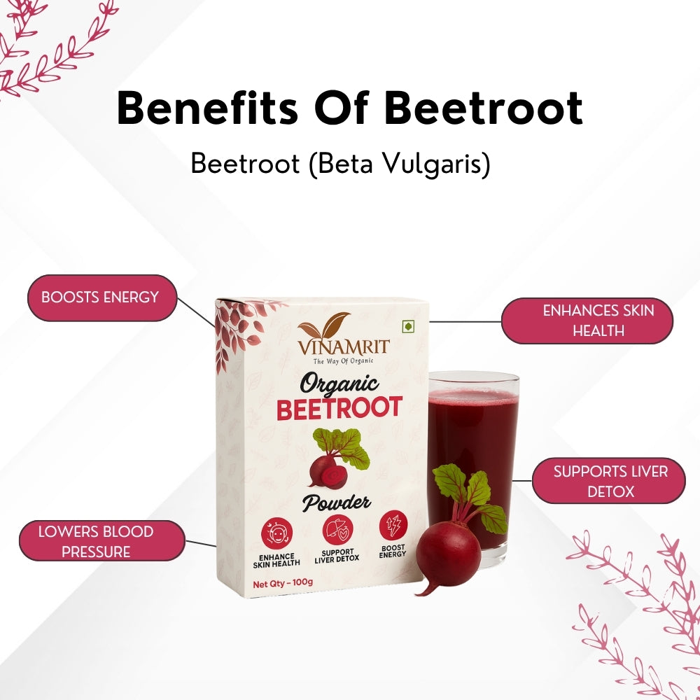 Vinamrit Beetroot Powder | Natural & Pure | Rich in Iron & Nitrates | Boosts Energy, Stamina & Blood Circulation | 100g Pack | Plant-Based Superfood for Juicing, Smoothies & Skincare