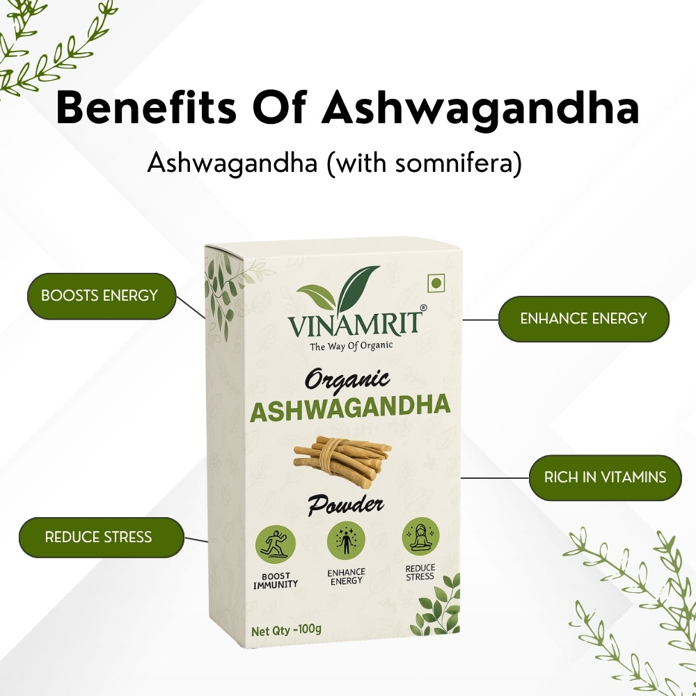 Vinamrit Ashwagandha Powder | 100% Pure & Natural | Supports Stress Relief, Stamina & Immunity | 100g Pack | Ayurvedic Adaptogen for Energy, Sleep & Hormonal Balance