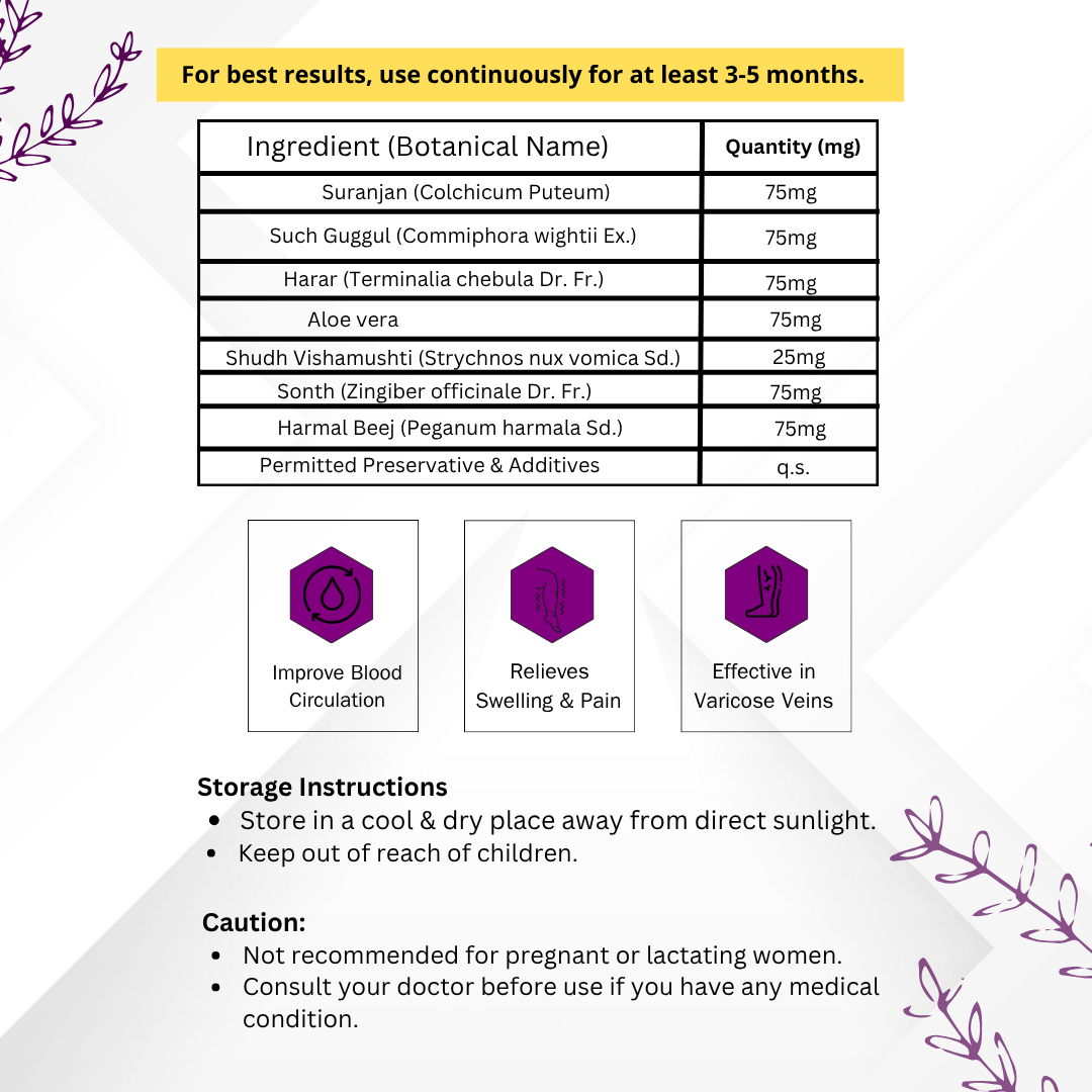 Vinamrit Varicose Veins Tablets | Ayurvedic Herbal Blend for Vein Wellness & Circulation Support | Enriched with Natural Extracts | 60 Tablets