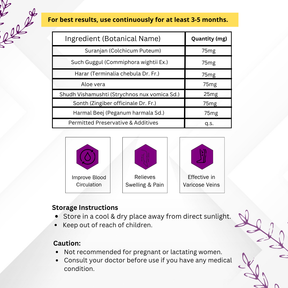 Vinamrit Varicose Veins Tablets | Ayurvedic Herbal Blend for Vein Wellness & Circulation Support | Enriched with Natural Extracts | 60 Tablets