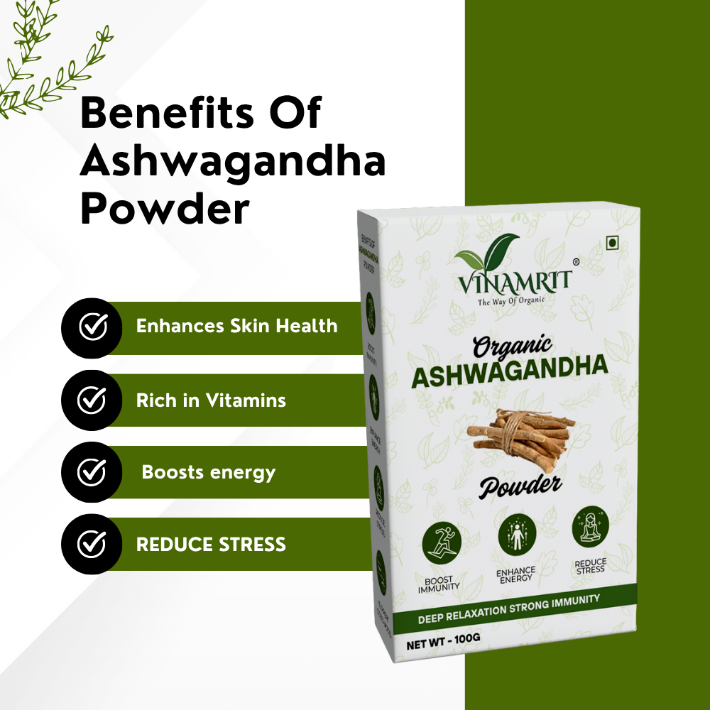 Vinamrit Ashwagandha Powder | 100% Pure & Natural Root Powder | Ayurvedic Adaptogenic Herb for Daily Wellness & Vitality | 100g Pack
