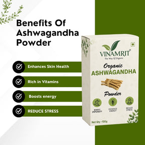 Vinamrit Ashwagandha Powder | 100% Pure & Natural | Supports Stress Relief, Stamina & Immunity | 100g Pack | Ayurvedic Adaptogen for Energy, Sleep & Hormonal Balance