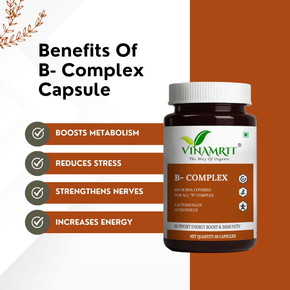 Vinamrit Vitamin B-Complex Tablets | 100% RDA of B1, B2, B3, B5, B6, B7, B9 & B12 | With Probiotic Lactobacillus Acidophilus | 60 Vegetarian Capsules