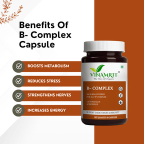 Vinamrit Vitamin B-Complex Tablets | 100% RDA of B1, B2, B3, B5, B6, B7, B9 & B12 | With Probiotic Lactobacillus Acidophilus | 60 Vegetarian Capsules