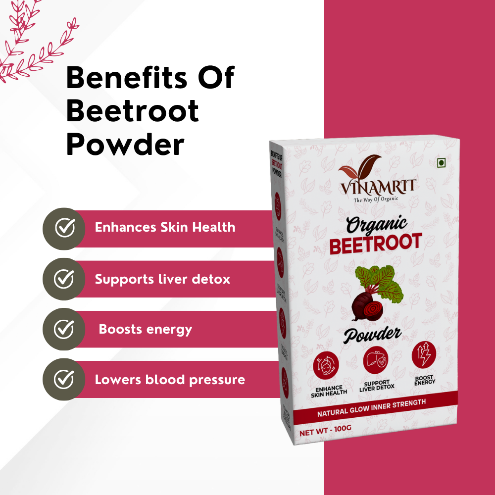 Vinamrit Beetroot Powder | 100% Pure & Organic| Boosts Energy, Stamina & Blood Circulation | 100g Pack | Plant-Based Superfood for Smoothies, Juices & Skincare