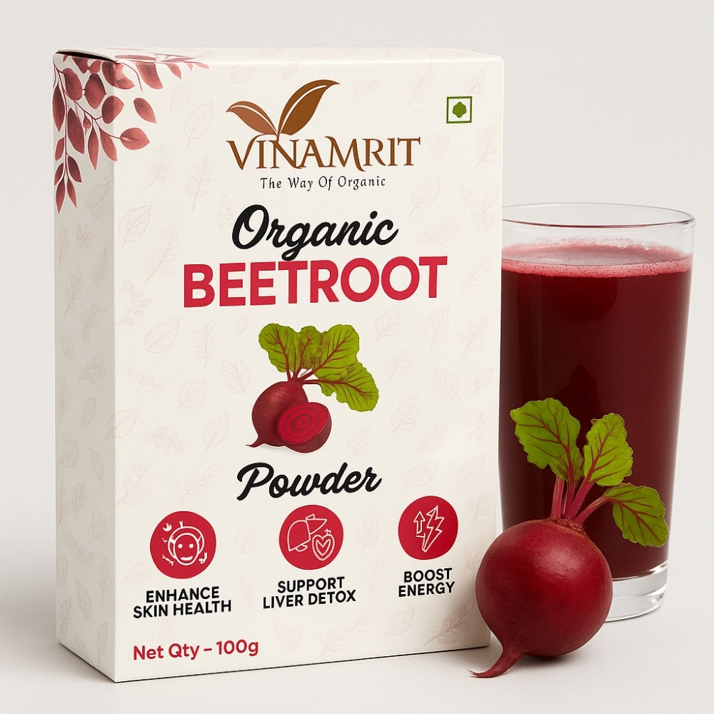 Vinamrit Beetroot Powder | Natural & Pure | Rich in Iron & Nitrates | Boosts Energy, Stamina & Blood Circulation | 100g Pack | Plant-Based Superfood for Juicing, Smoothies & Skincare