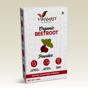 Vinamrit Beetroot Powder | 100% Pure & Organic| Boosts Energy, Stamina & Blood Circulation | 100g Pack | Plant-Based Superfood for Smoothies, Juices & Skincare