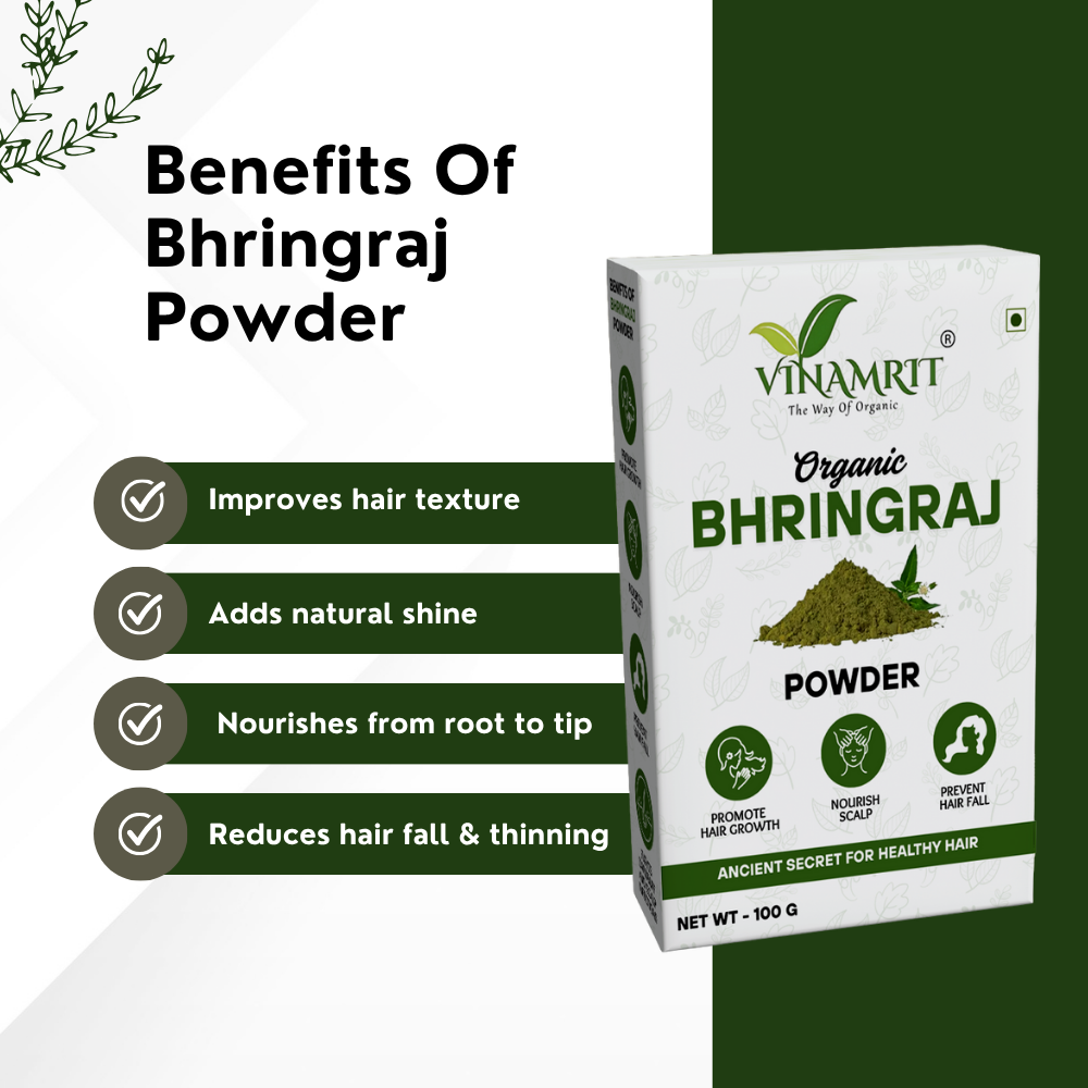 Vinamrit Bhringraj Powder | 100% Pure & Organic| Promotes Hair Growth, Strength & Scalp Health | 100g Pack | Ayurvedic Herbal Powder for Strong & Healthy Hair