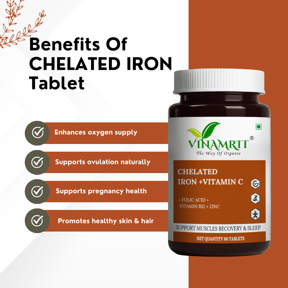 Vinamrit Chelated Iron with Vitamin C, B12, Folic Acid & Zinc – Advanced Iron Supplement for Energy, Immunity & Blood Health (60 Tablets)