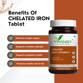 Vinamrit Chelated Iron with Vitamin C, B12, Folic Acid & Zinc – Advanced Iron Supplement for Energy, Immunity & Blood Health (60 Tablets)