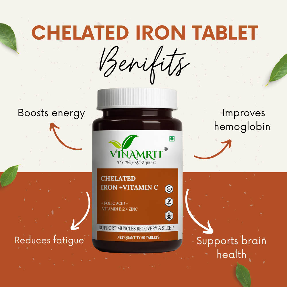 Vinamrit Chelated Iron with Vitamin C, B12, Folic Acid & Zinc – Advanced Iron Supplement for Energy, Immunity & Blood Health (60 Tablets)