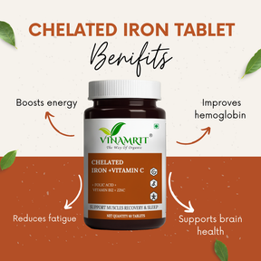 Vinamrit Chelated Iron with Vitamin C, B12, Folic Acid & Zinc – Advanced Iron Supplement for Energy, Immunity & Blood Health (60 Tablets)