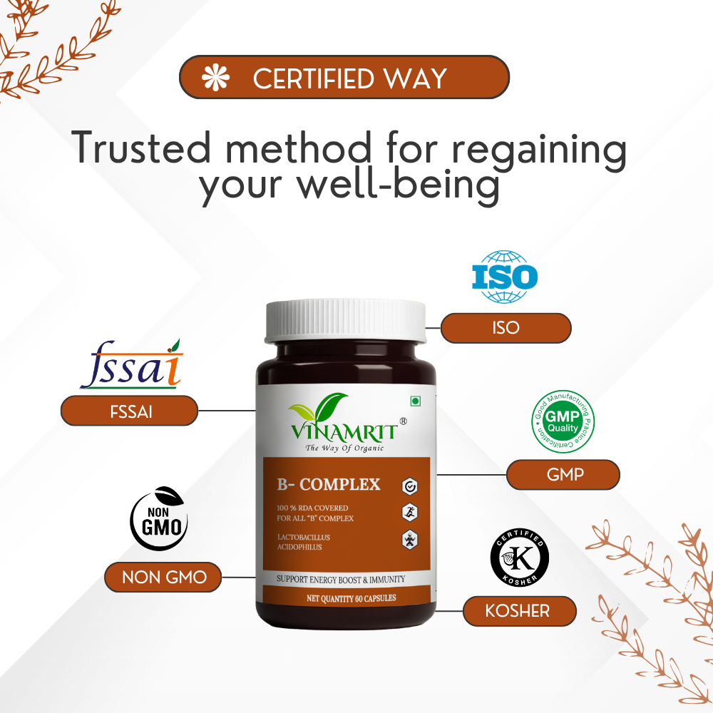 Vinamrit Vitamin B-Complex Tablets | 100% RDA of B1, B2, B3, B5, B6, B7, B9 & B12 | With Probiotic Lactobacillus Acidophilus | 60 Vegetarian Capsules