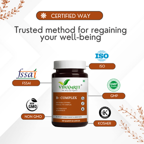 Vinamrit Vitamin B-Complex Tablets | 100% RDA of B1, B2, B3, B5, B6, B7, B9 & B12 | With Probiotic Lactobacillus Acidophilus | 60 Vegetarian Capsules