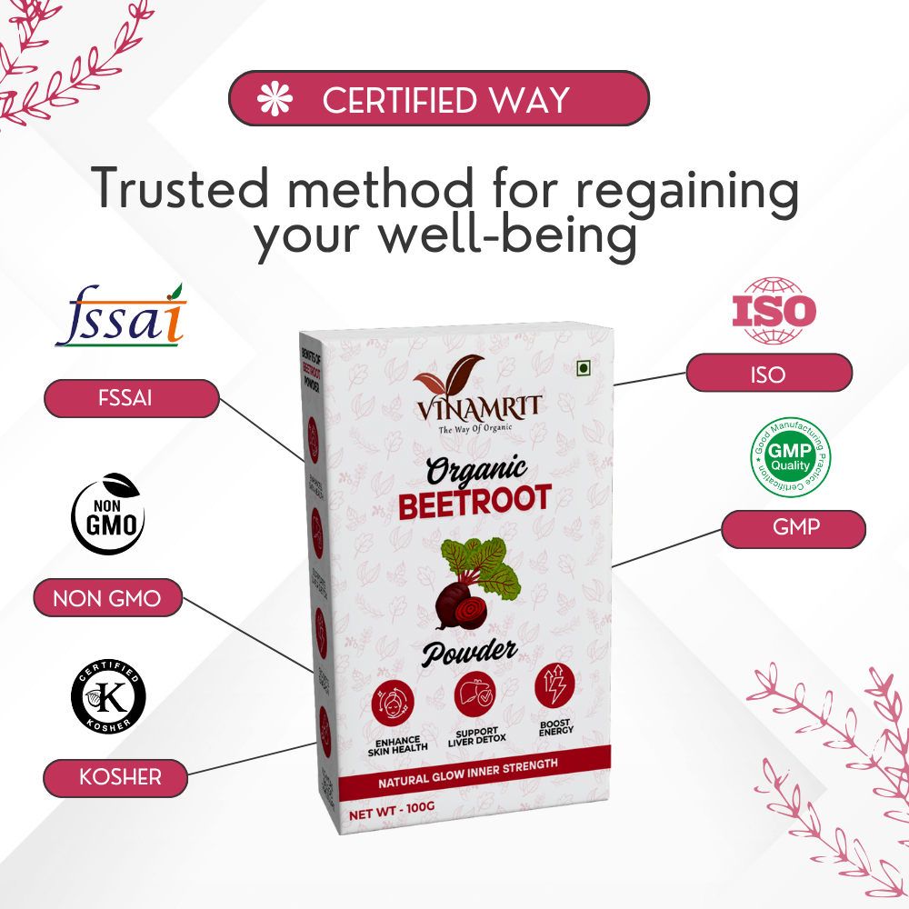 Vinamrit Beetroot Powder | 100% Pure & Organic| Boosts Energy, Stamina & Blood Circulation | 100g Pack | Plant-Based Superfood for Smoothies, Juices & Skincare