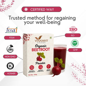 Vinamrit Beetroot Powder | Natural & Pure | Rich in Iron & Nitrates | Boosts Energy, Stamina & Blood Circulation | 100g Pack | Plant-Based Superfood for Juicing, Smoothies & Skincare