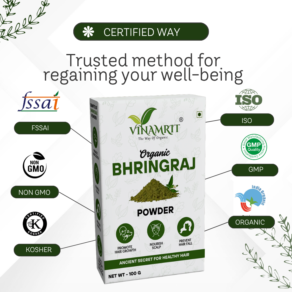 Vinamrit Bhringraj Powder | 100% Pure & Organic| Promotes Hair Growth, Strength & Scalp Health | 100g Pack | Ayurvedic Herbal Powder for Strong & Healthy Hair