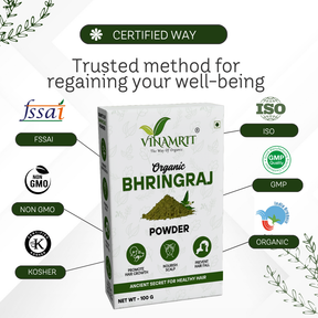 Vinamrit Bhringraj Powder | 100% Pure & Organic| Promotes Hair Growth, Strength & Scalp Health | 100g Pack | Ayurvedic Herbal Powder for Strong & Healthy Hair
