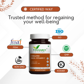 Vinamrit Chelated Iron with Vitamin C, B12, Folic Acid & Zinc – Advanced Iron Supplement for Energy, Immunity & Blood Health (60 Tablets)