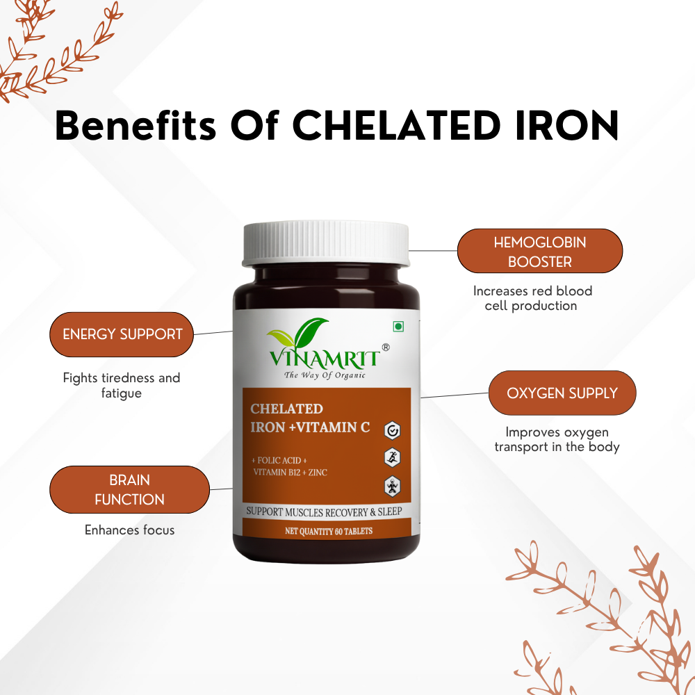 Vinamrit Chelated Iron with Vitamin C, B12, Folic Acid & Zinc – Advanced Iron Supplement for Energy, Immunity & Blood Health (60 Tablets)