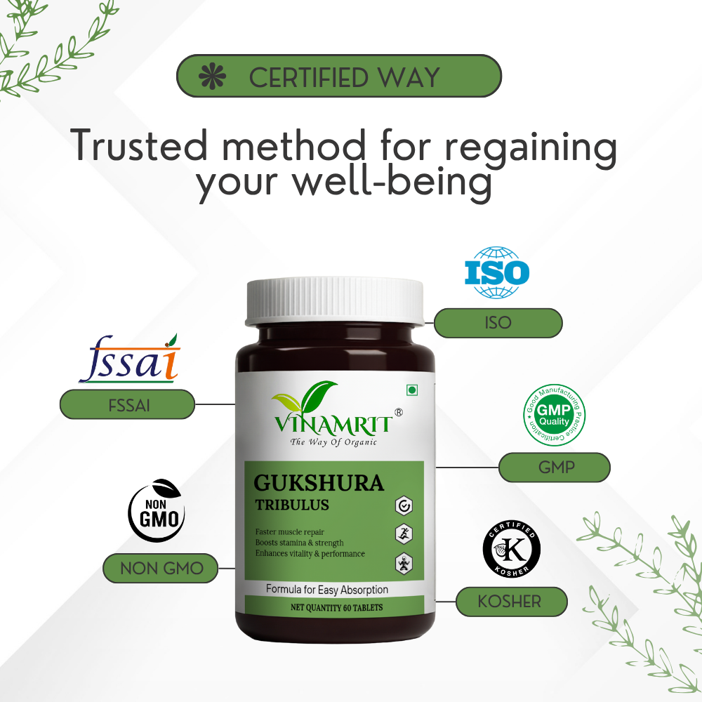 Vinamrit Gokshura Tablets 1000 mg | Ayurvedic Energy & Strength Support | 60% Saponins | Tribulus Terrestris for Men & Women | 60 Vegetarian Tablets