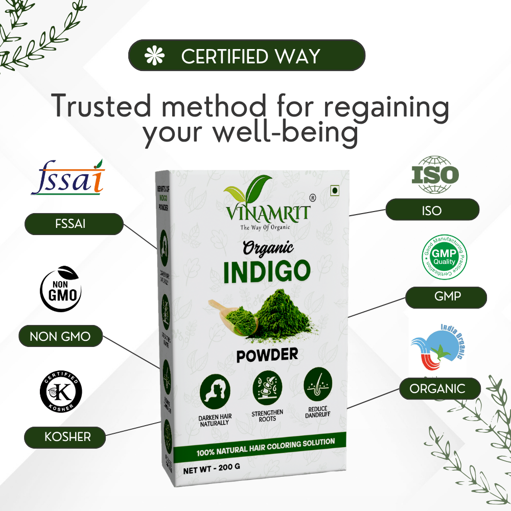 Vinamrit Indigo Powder | 100% Pure & Organic| Traditional Ayurvedic Herb for Natural Hair Care & Coloring | 100g Pack