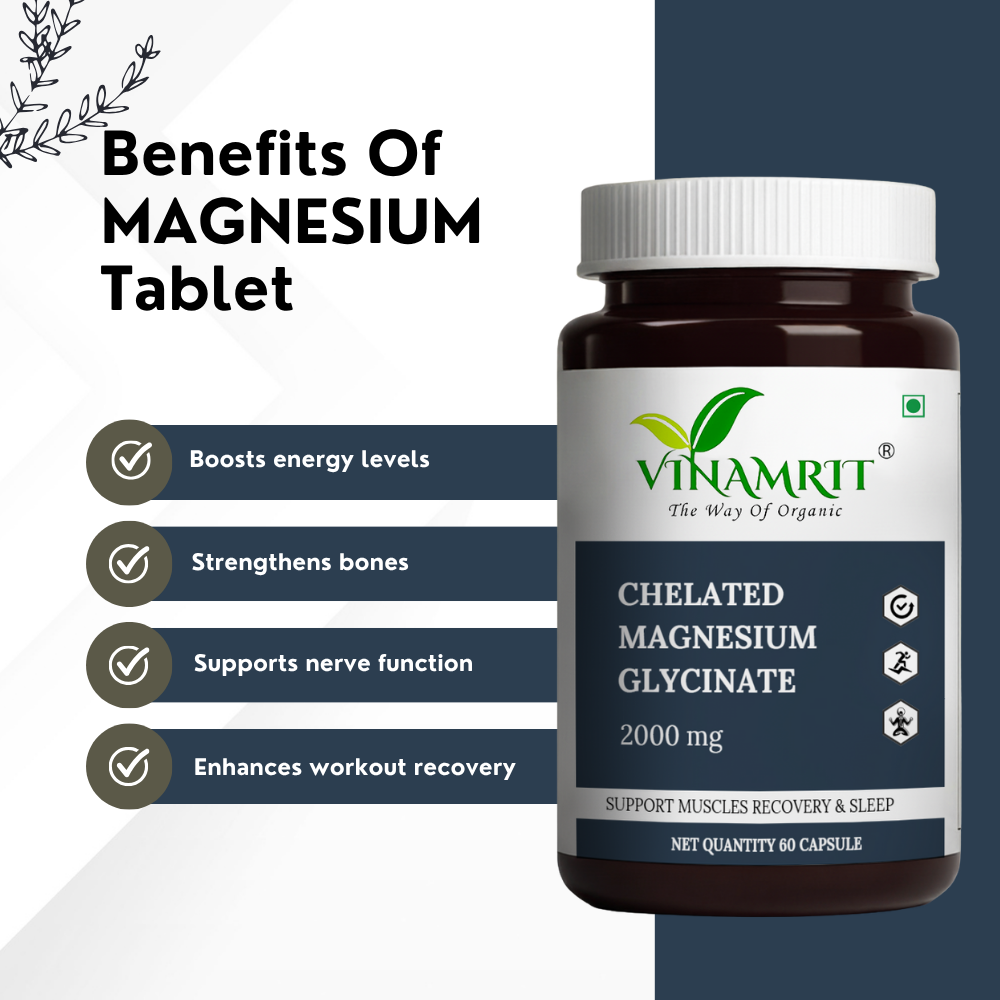 Vinamrit Chelated Magnesium Glycinate 2000mg | 440mg Elemental Magnesium | Supports Muscle Recovery, Sleep & Bone Health | Gentle on Stomach | 60 Veg Tablets