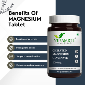 Vinamrit Chelated Magnesium Glycinate 2000mg | 440mg Elemental Magnesium | Supports Muscle Recovery, Sleep & Bone Health | Gentle on Stomach | 60 Veg Tablets