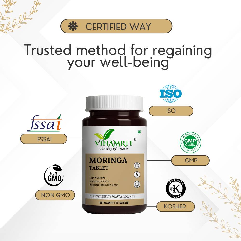 Vinamrit Moringa Tablets 500mg | Moringa Oleifera Leaf Powder Supplement | 100% Natural | 60 Vegetarian Tablets