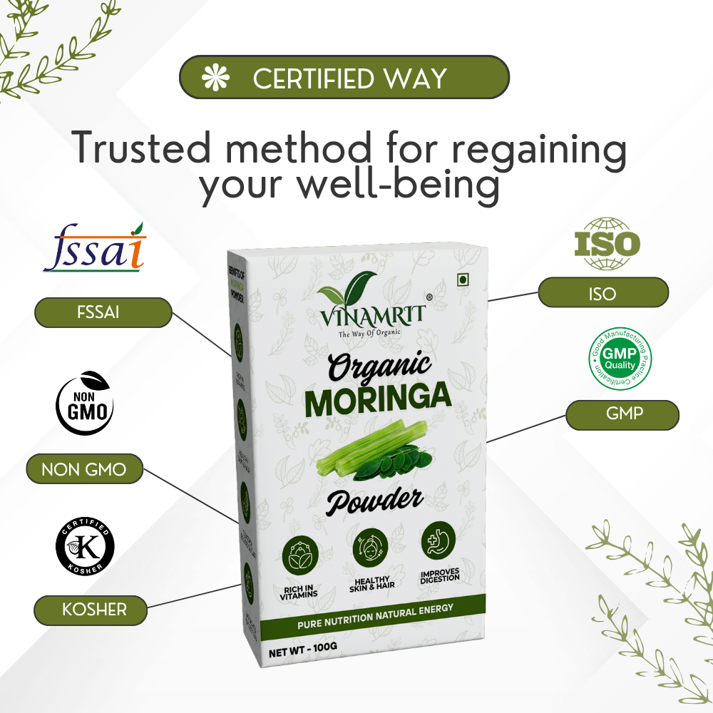 Vinamrit Moringa Powder | 100% Pure & Organic| Rich in Vitamins, Calcium & Antioxidants | Supports Immunity, Energy & Detox | 100g Pack | Ayurvedic Superfood for Juices, Smoothies & Wellness