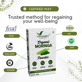 Vinamrit Moringa Powder | 100% Pure & Organic| Rich in Vitamins, Calcium & Antioxidants | Supports Immunity, Energy & Detox | 100g Pack | Ayurvedic Superfood for Juices, Smoothies & Wellness