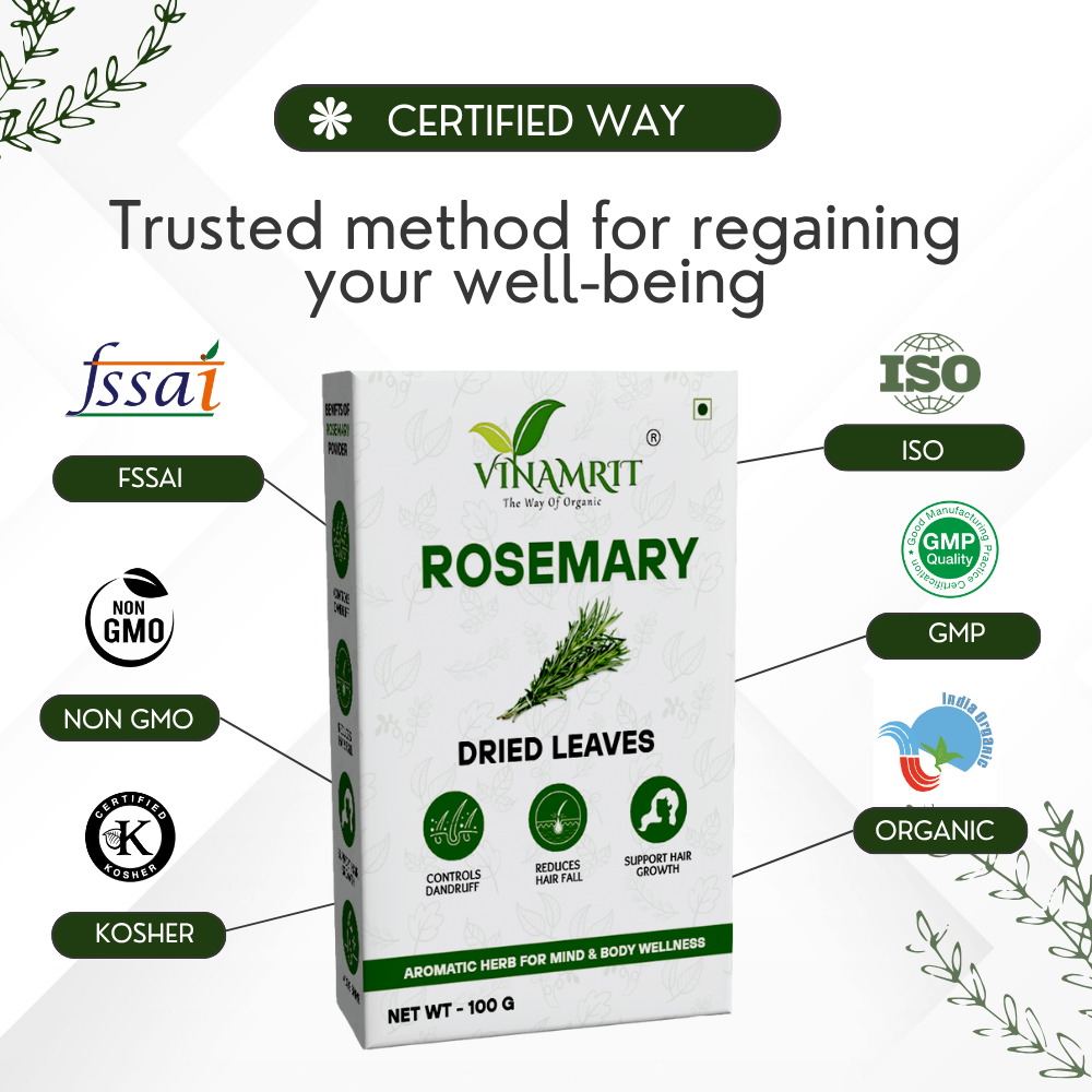 Vinamrit Rosemary Leaves | 100% Pure & Natural | Promotes Hair Growth, Strength & Scalp Health | 100g Pack | Ayurvedic Herbal Leaves for Strong & Healthy Hair