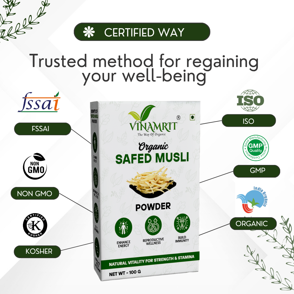 Vinamrit Safed Musli Powder | 100% Pure & Organic | Traditional Ayurvedic Root for Wellness & Vitality | 100g Pack