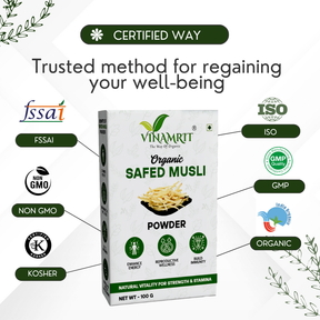 Vinamrit Safed Musli Powder | 100% Pure & Organic | Traditional Ayurvedic Root for Wellness & Vitality | 100g Pack