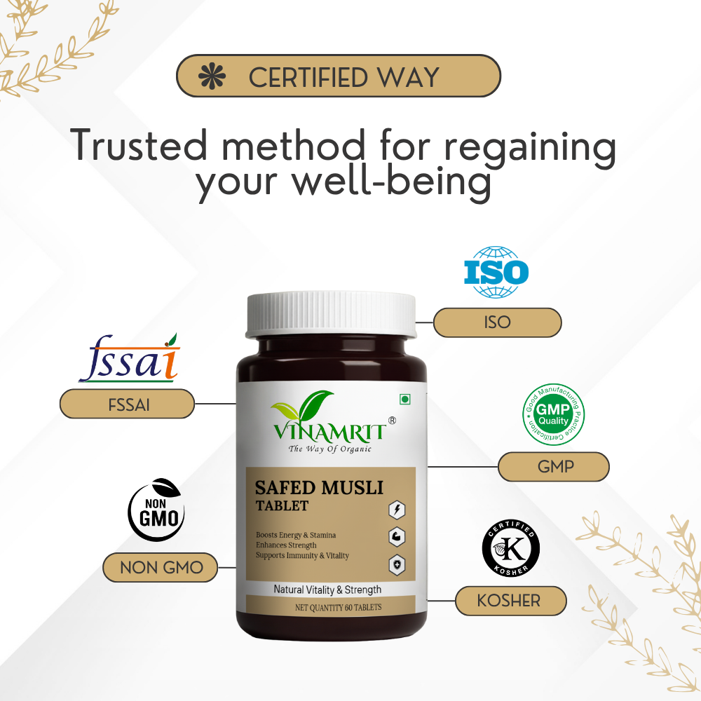 Vinamrit Safed Musli Capsules 660mg | Ayurvedic Vitality & Strength Supplement | With Shilajit & Gokshura | 60 Vegetarian Capsules