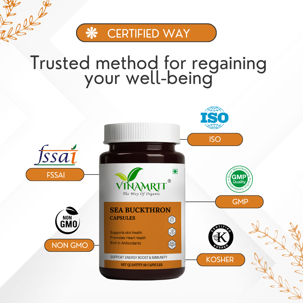 Vinamrit 100% Pure Sea Buckthorn Capsules | Omega 3, 6, 7 & 9 Rich | 60 Herbal Capsules for Daily Wellness