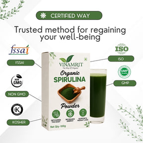 Vinamrit Spirulina Powder | 100% Pure & Natural | Plant-Based Protein & Iron | Supports Immunity, Energy & Detox | 100g Pack | Superfood for Smoothies, Juices & Fitness