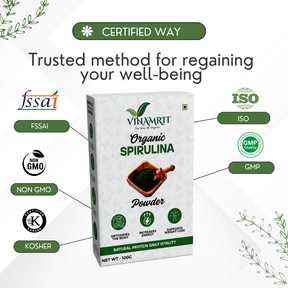 Vinamrit Spirulina Powder | 100% Pure & Organic| Plant-Based Protein & Iron | Boosts Immunity, Energy & Detox | 100g Pack | Superfood for Smoothies, Juices & Fitness