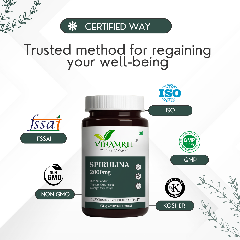 Vinamrit Organic Spirulina Tablets 1000mg | Plant-Based Superfood | Rich in Natural Protein, Vitamins & Minerals | 60 Vegetarian Tablets